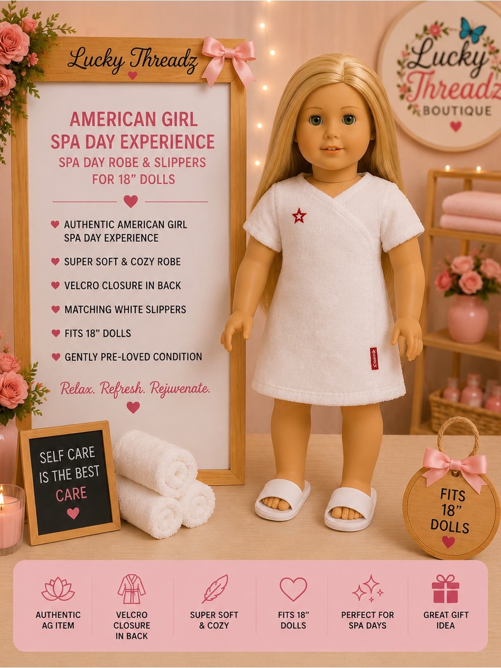 American Girl White Spa Robe and Slippers Set for 18" Dolls